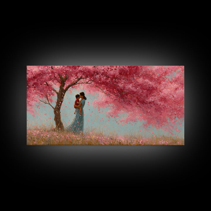 Black Mother And Baby Under Pink Blossoms Wall Art, Angelic Nursery Decor, Feminine Bedroom Print, Gift For Mom, Living Room Decor