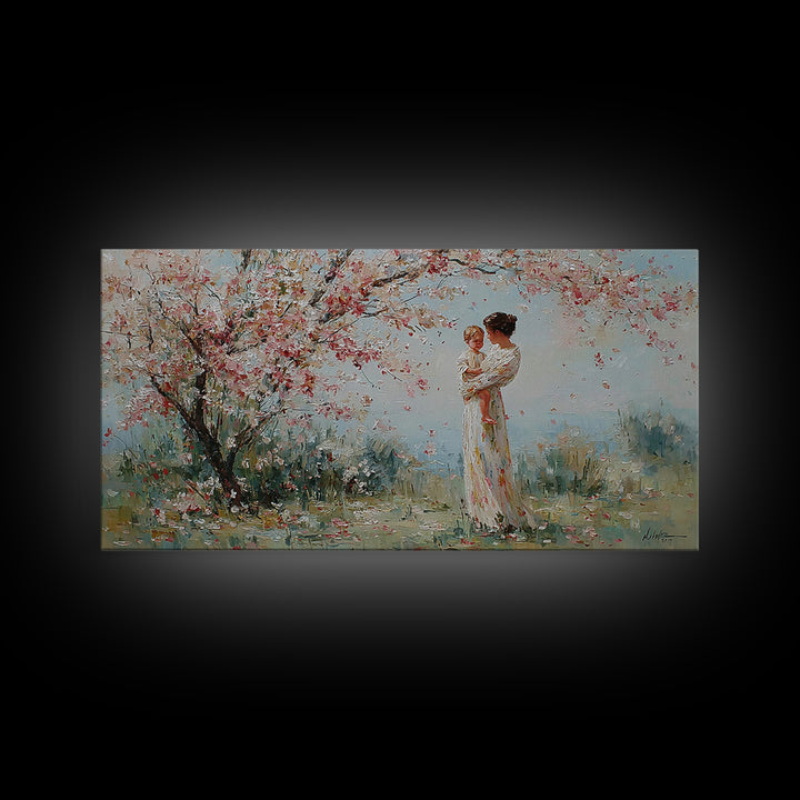 Impressionist Mother Holding Baby Framed Canvas Print, Cherry Blossom Nursery Wall Art, Spring Home Decor, Gift For Her, Mom