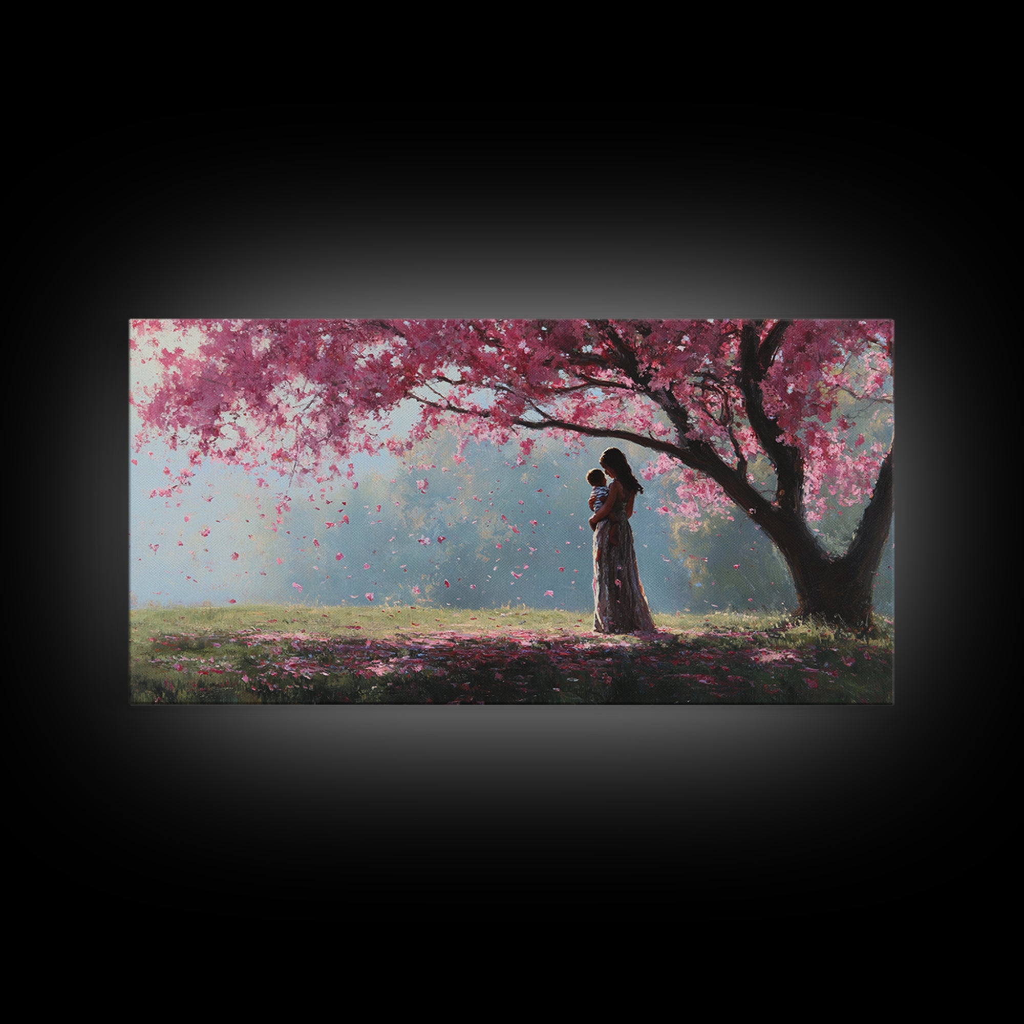 Mother And Child Beneath Pink Cherry Tree Canvas Print, Angelic Wall Art, Nursery Decor, Romantic Bedroom Art, Gift For Mom