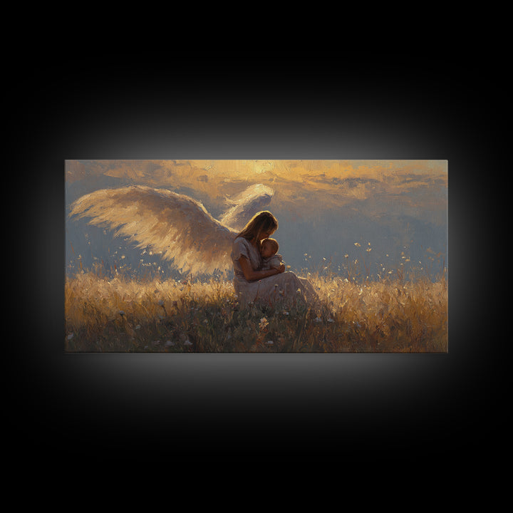Golden Angel Mother Cuddling Baby Wall Art, Spiritual Canvas Print, Christian Nursery Decor, Calming Bedroom Art, Gift For Mom