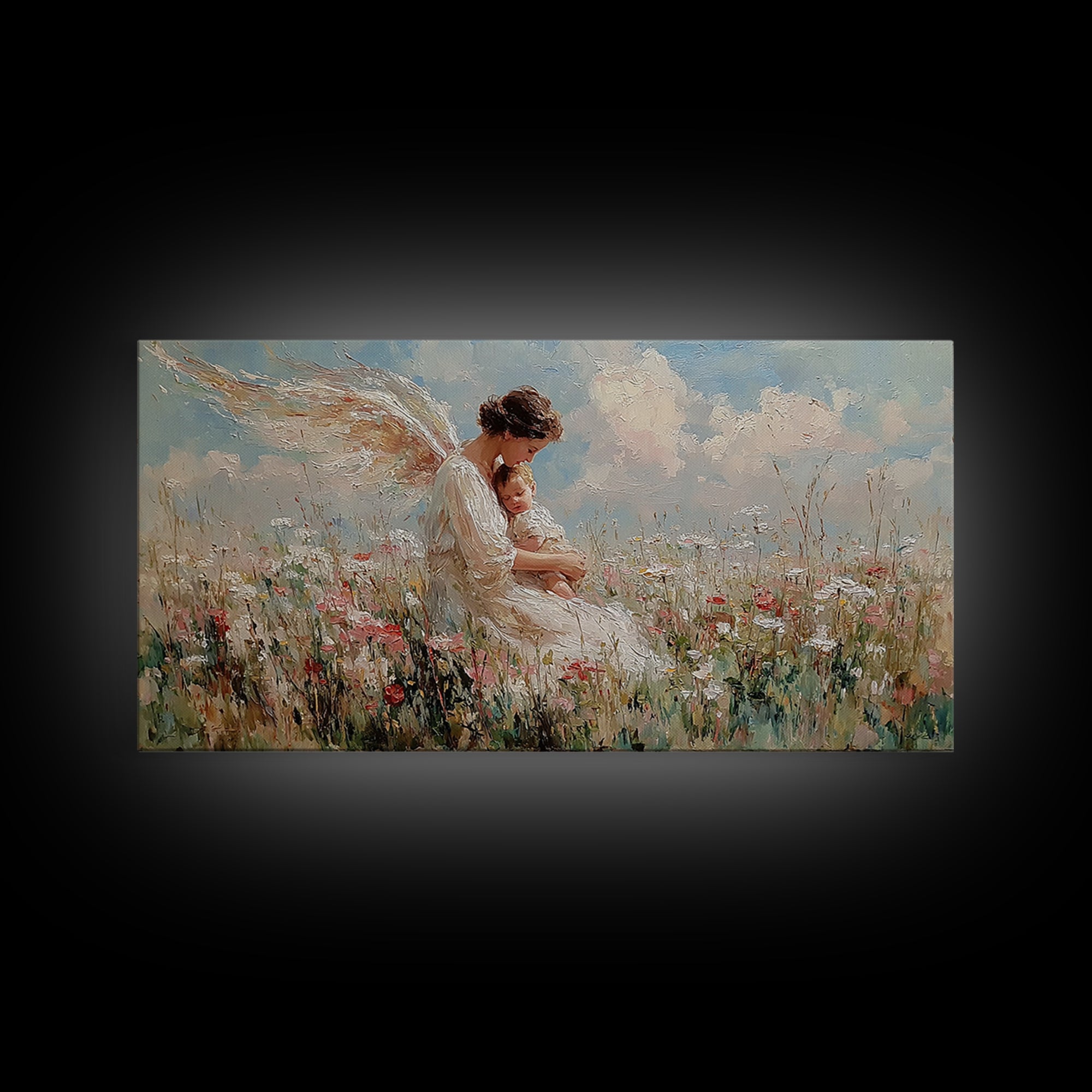 Angel Mother Nursing Baby In Wildflower Meadow Framed Canvas Print, Christian Wall Art, Nursery Decor, Gift For New Mom, Baby Shower Gift