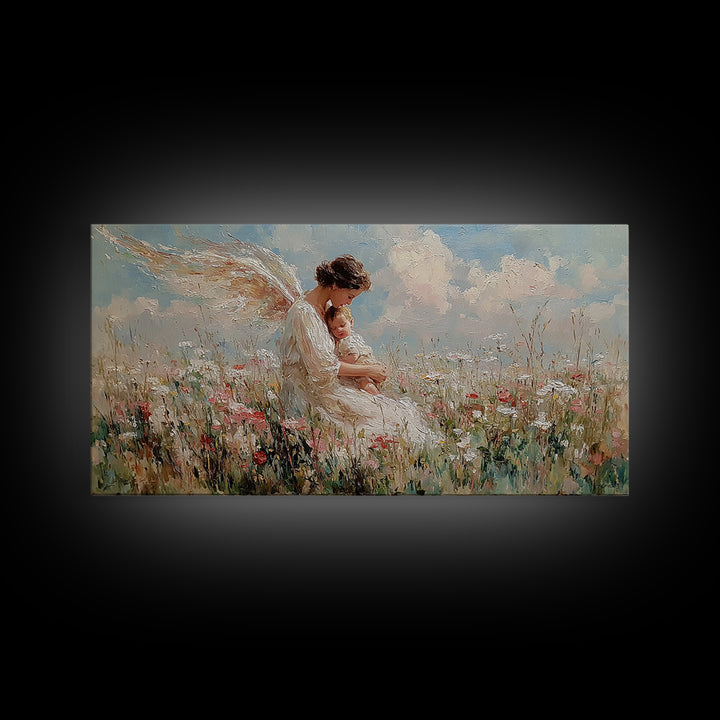 Angel Mother Nursing Baby In Wildflower Meadow Framed Canvas Print, Christian Wall Art, Nursery Decor, Gift For New Mom, Baby Shower Gift