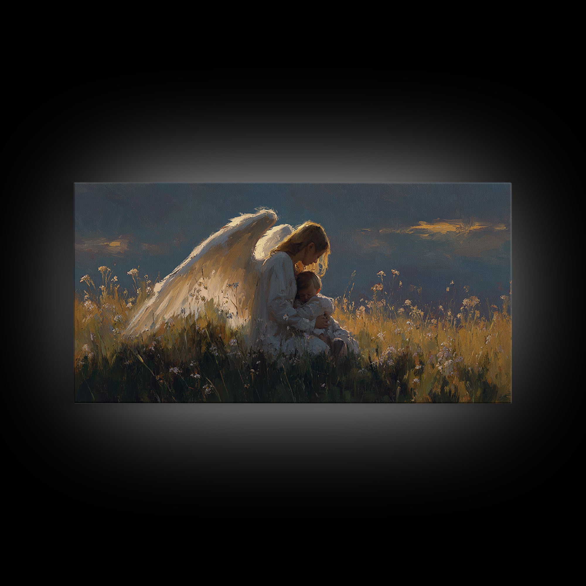 Moody Guardian Angel Holding Child Wall Art, Spiritual Framed Canvas Print, Christian Bedroom Decor, Sympathy Gift For Mom