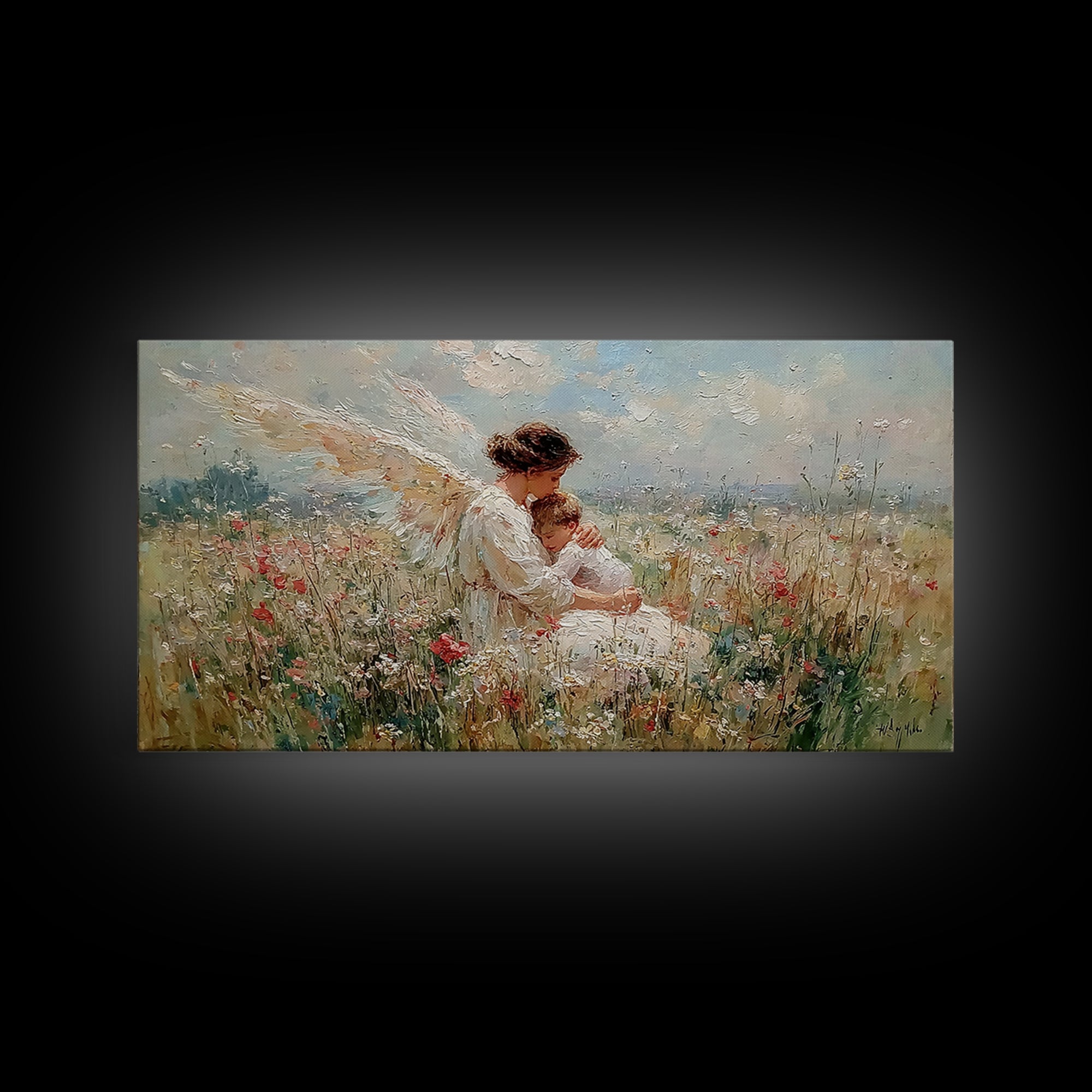Angel Mother And Sleeping Baby In Meadow Canvas Print, Christian Wall Art, Wildflower Nursery Decor, Baby Shower Gift For New Mom
