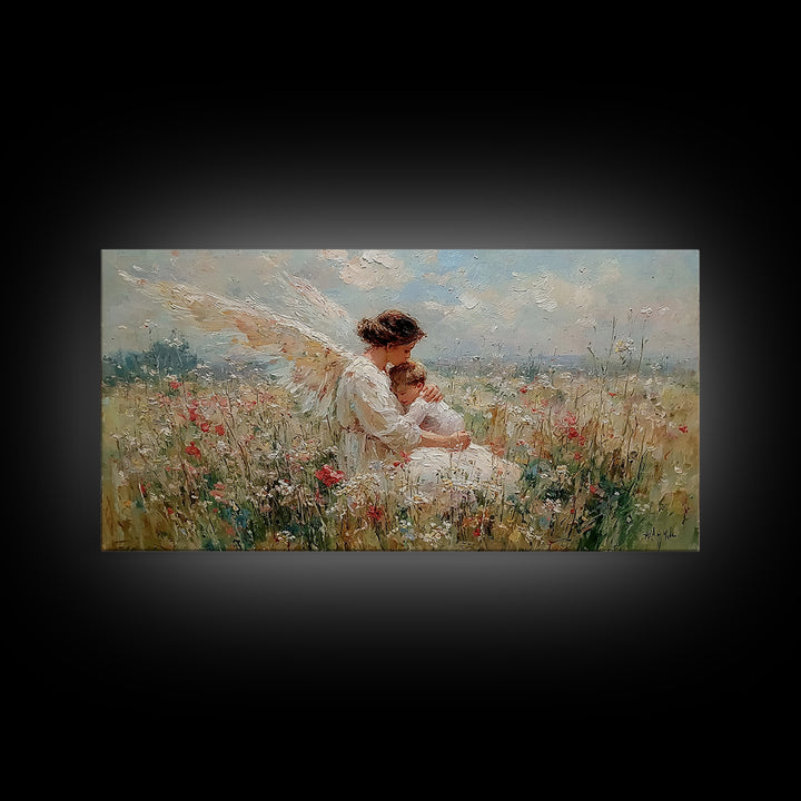 Angel Mother And Sleeping Baby In Meadow Canvas Print, Christian Wall Art, Wildflower Nursery Decor, Baby Shower Gift For New Mom
