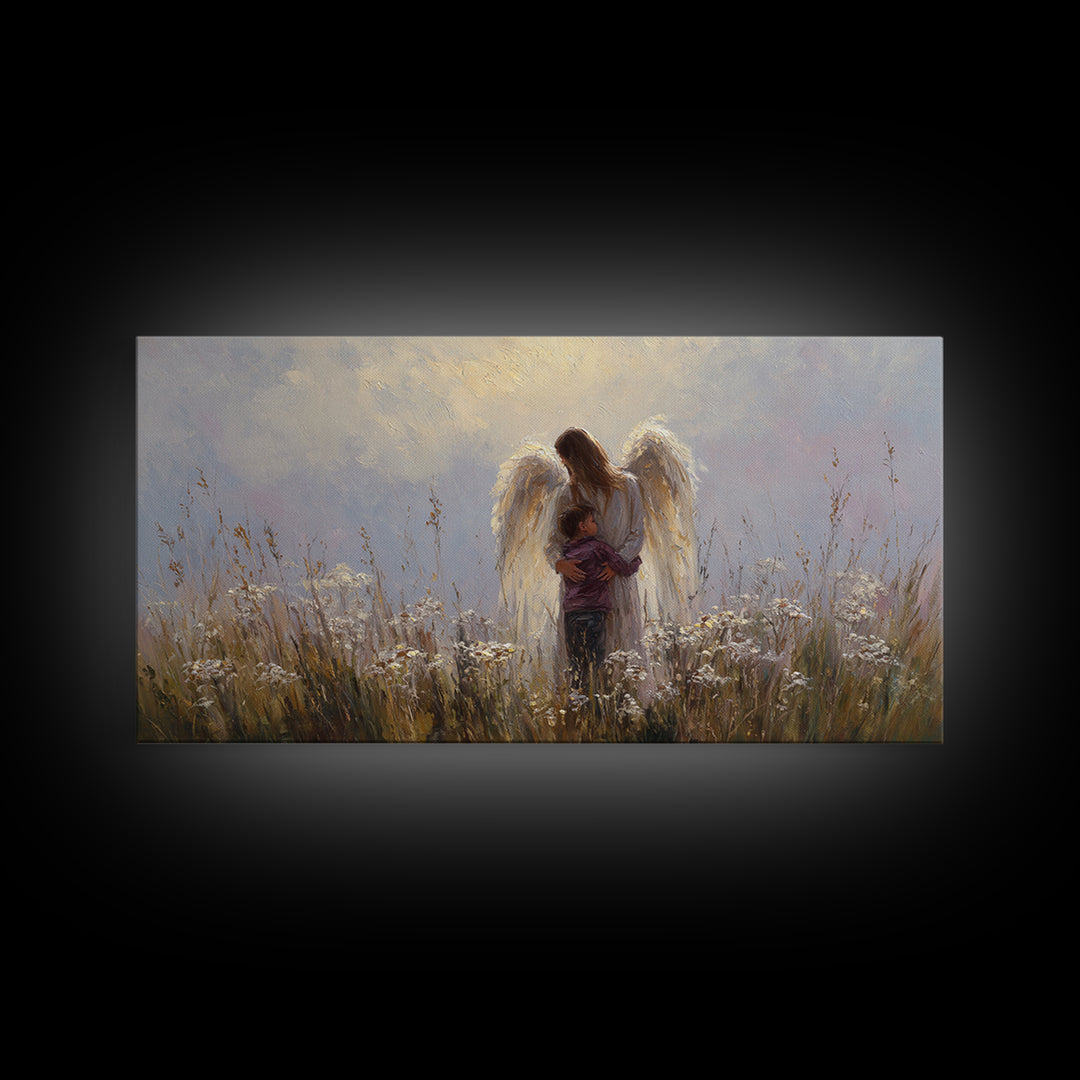 Guardian Angel Embracing Young Boy Wall Art, Christian Framed Canvas Print, Spiritual Nursery Decor, Sympathy Gift For Him
