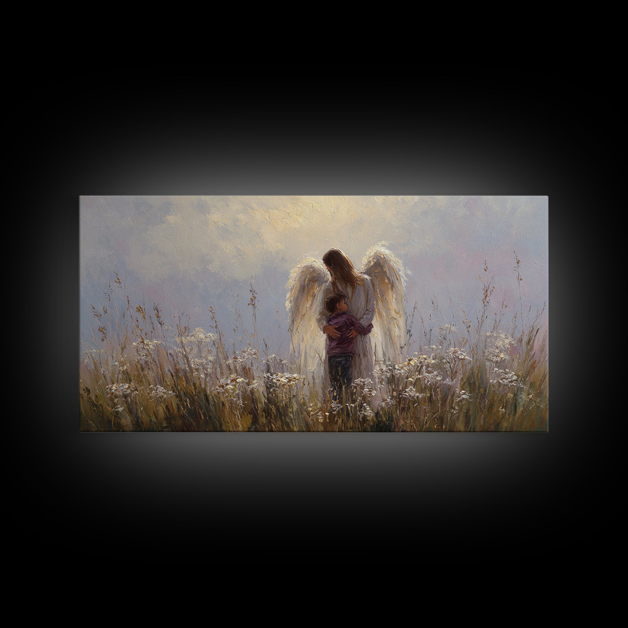 Guardian Angel Embracing Young Boy Wall Art, Christian Framed Canvas Print, Spiritual Nursery Decor, Sympathy Gift For Him