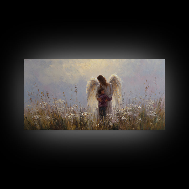 Guardian Angel Embracing Young Boy Wall Art, Christian Framed Canvas Print, Spiritual Nursery Decor, Sympathy Gift For Him