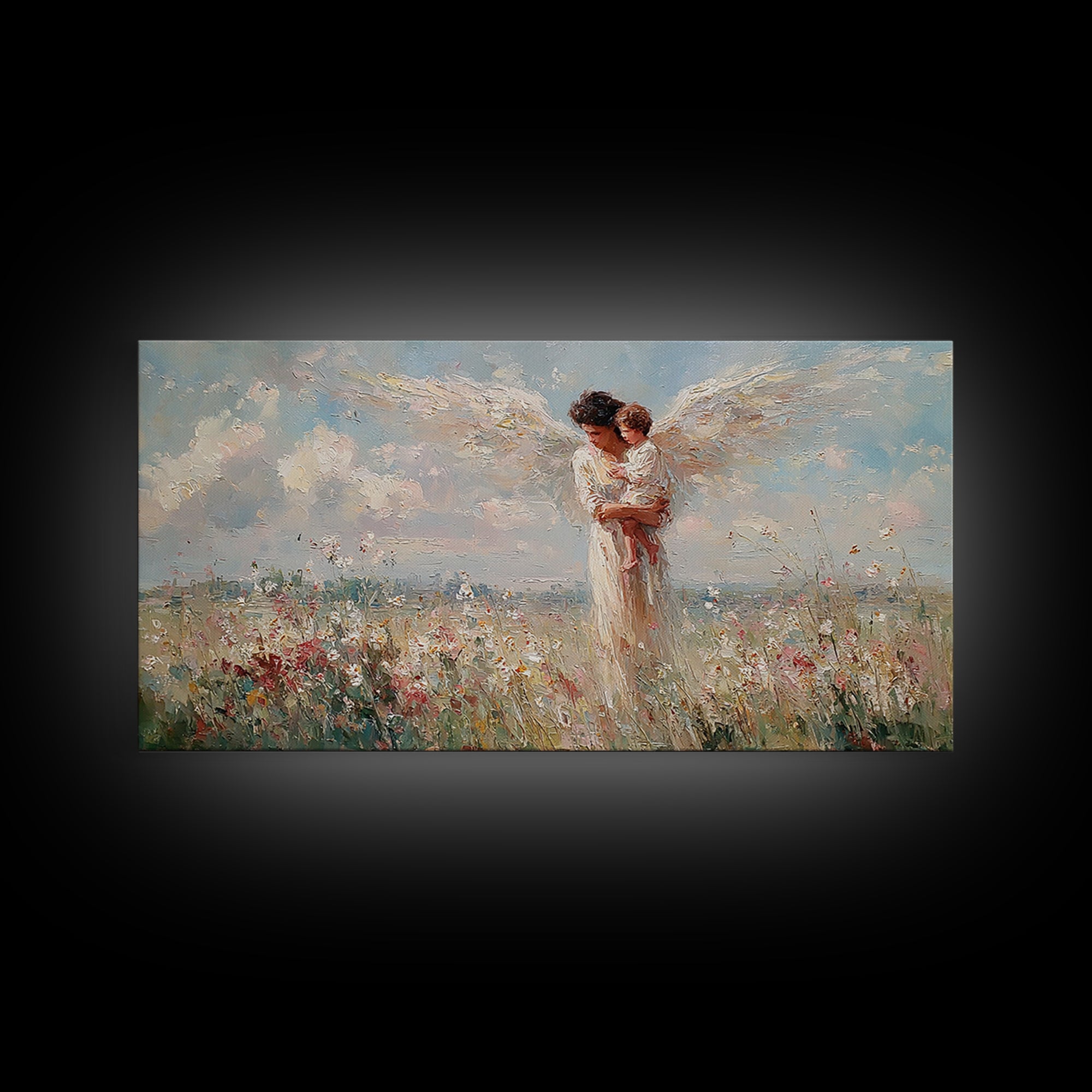 Angel Mother Holding Baby In Flower Meadow Canvas Print, Christian Wall Art, Heavenly Nursery Decor, Baby Shower Gift For New Mom