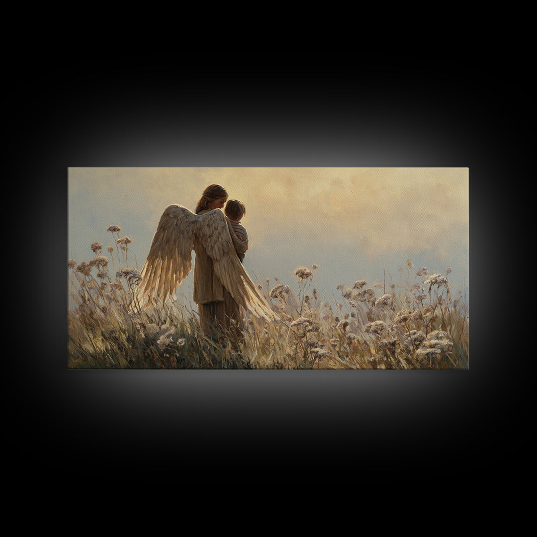 Guardian Angel And Child In Golden Meadow Framed Canvas Print, Christian Wall Art, Nursery Decor, Housewarming Gift, Above Bed Art