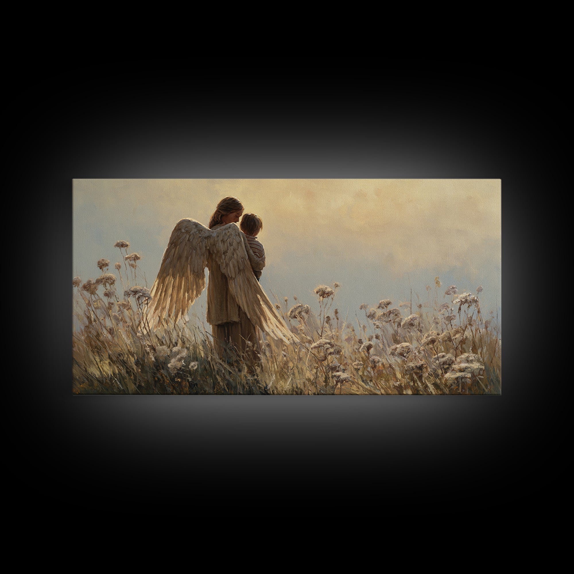 Guardian Angel And Child In Golden Meadow Framed Canvas Print, Christian Wall Art, Nursery Decor, Housewarming Gift, Above Bed Art