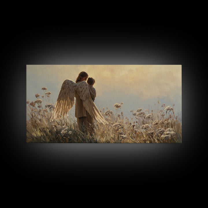 Guardian Angel And Child In Golden Meadow Framed Canvas Print, Christian Wall Art, Nursery Decor, Housewarming Gift, Above Bed Art