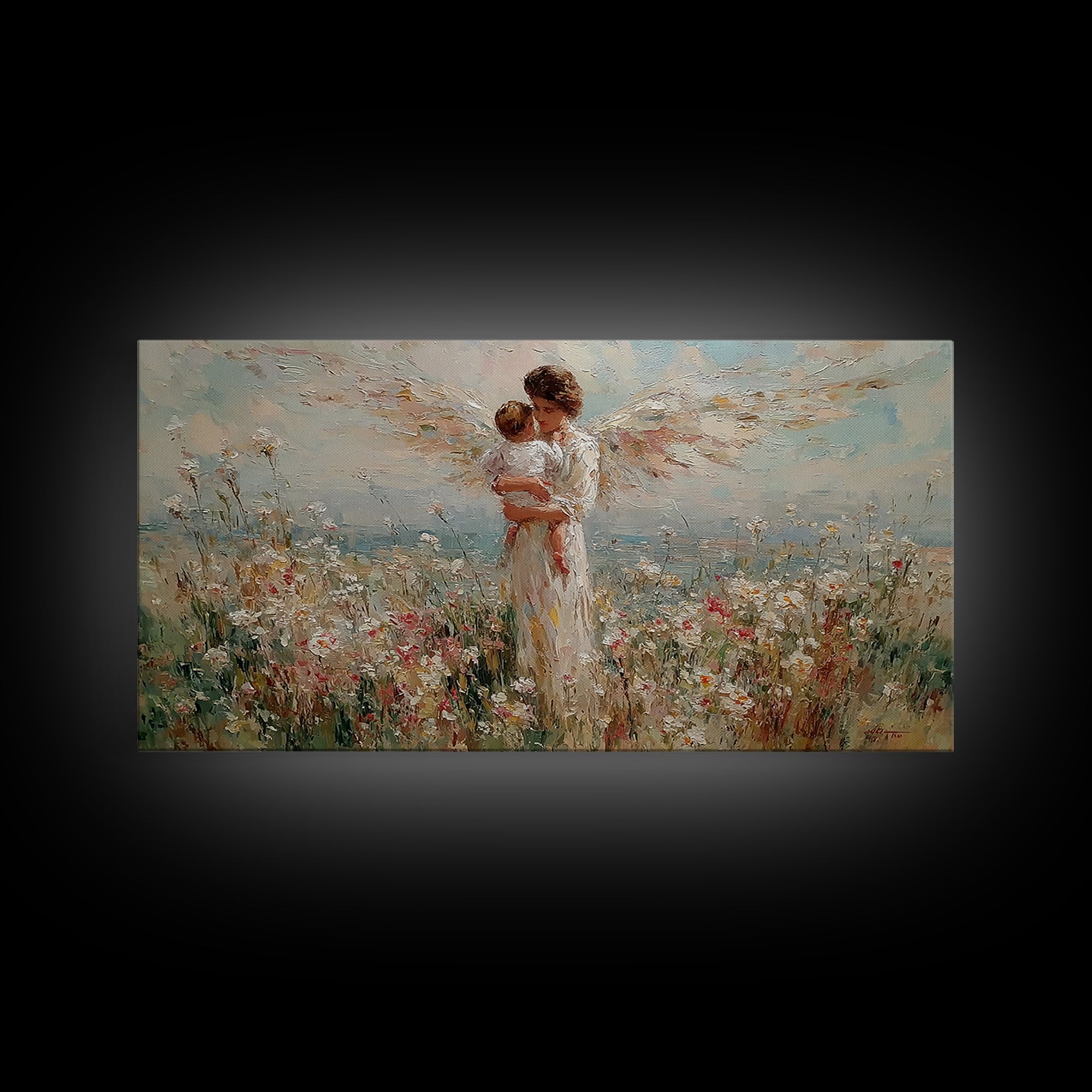 Angel Mother Holding Baby In Wildflower Meadow Canvas Print, Christian Wall Art, Floral Wall Art, Nursery Decor, Gift For Her