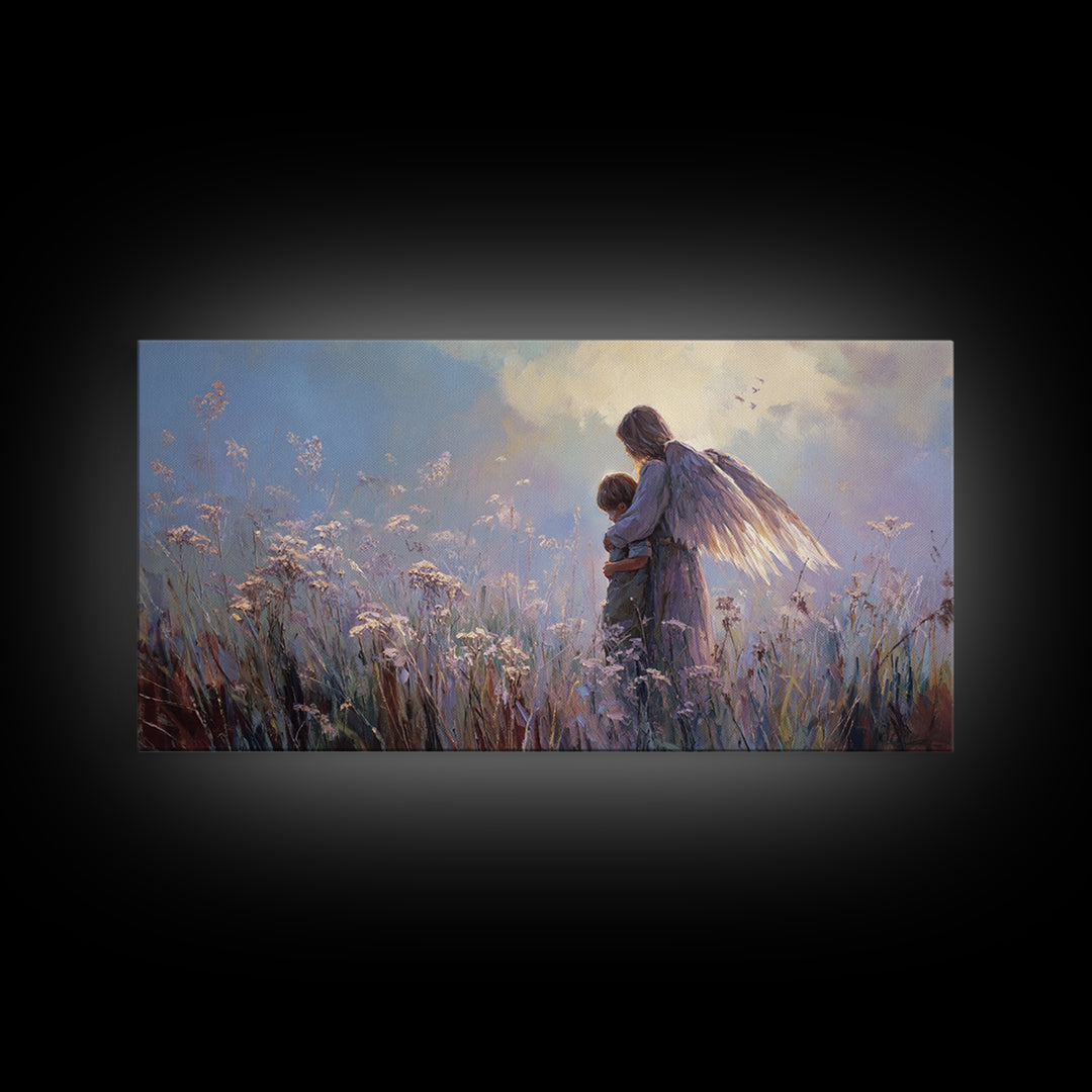 Luminous Guardian Angel With Child In Blue Meadow Canvas Print, Christian Wall Art, Nursery Wall Art, Calming Bedroom Decor