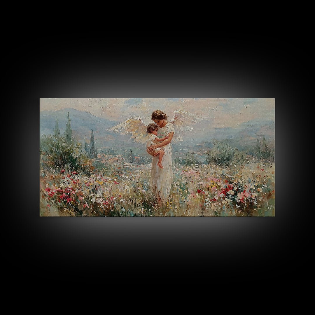 Angel And Baby In Mountain Wildflower Valley Framed Canvas Print, Christian Wall Art, Floral Wall Art, Living Room Decor