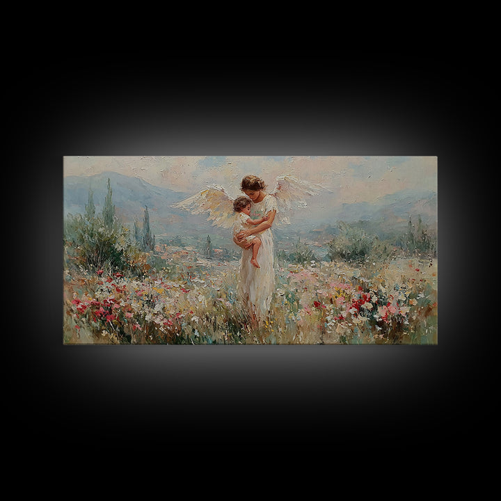 Angel And Baby In Mountain Wildflower Valley Framed Canvas Print, Christian Wall Art, Floral Wall Art, Living Room Decor