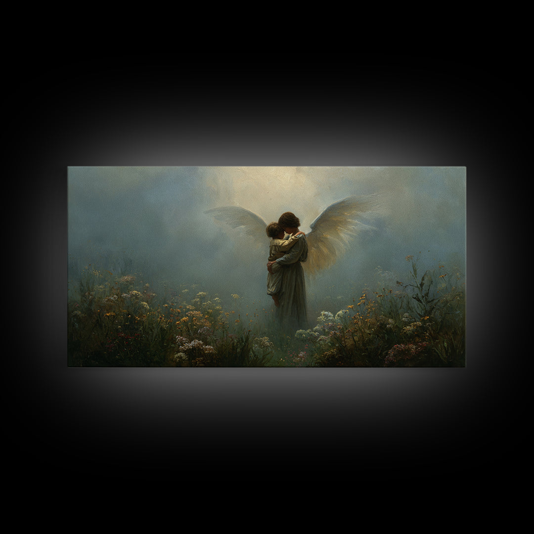 Moody Guardian Angel Embracing Child In Misty Garden Wall Art, Christian Wall Decor, Dark Academia, Housewarming Gift, Bedroom Wall Decor
