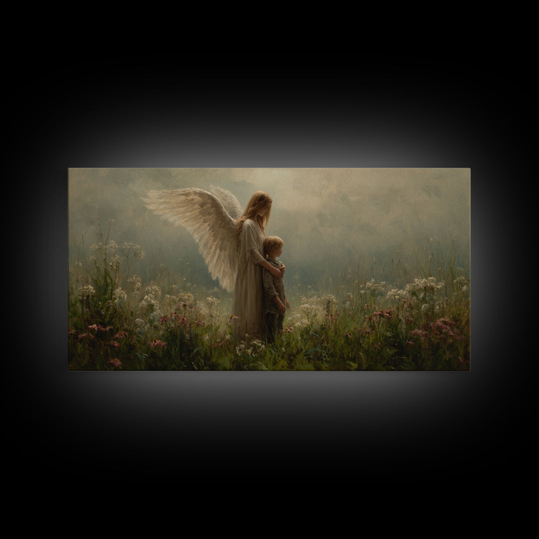 Soft Winged Angel And Child In Misty Meadow Canvas Print, Christian Wall Art, Neutral Wall Art, Nursery Decor, Gift For Mom