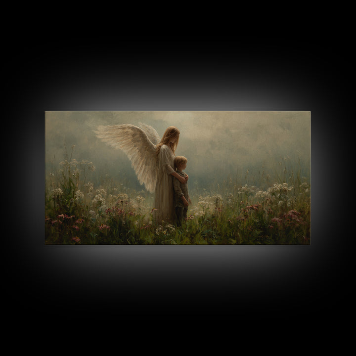 Soft Winged Angel And Child In Misty Meadow Canvas Print, Christian Wall Art, Neutral Wall Art, Nursery Decor, Gift For Mom