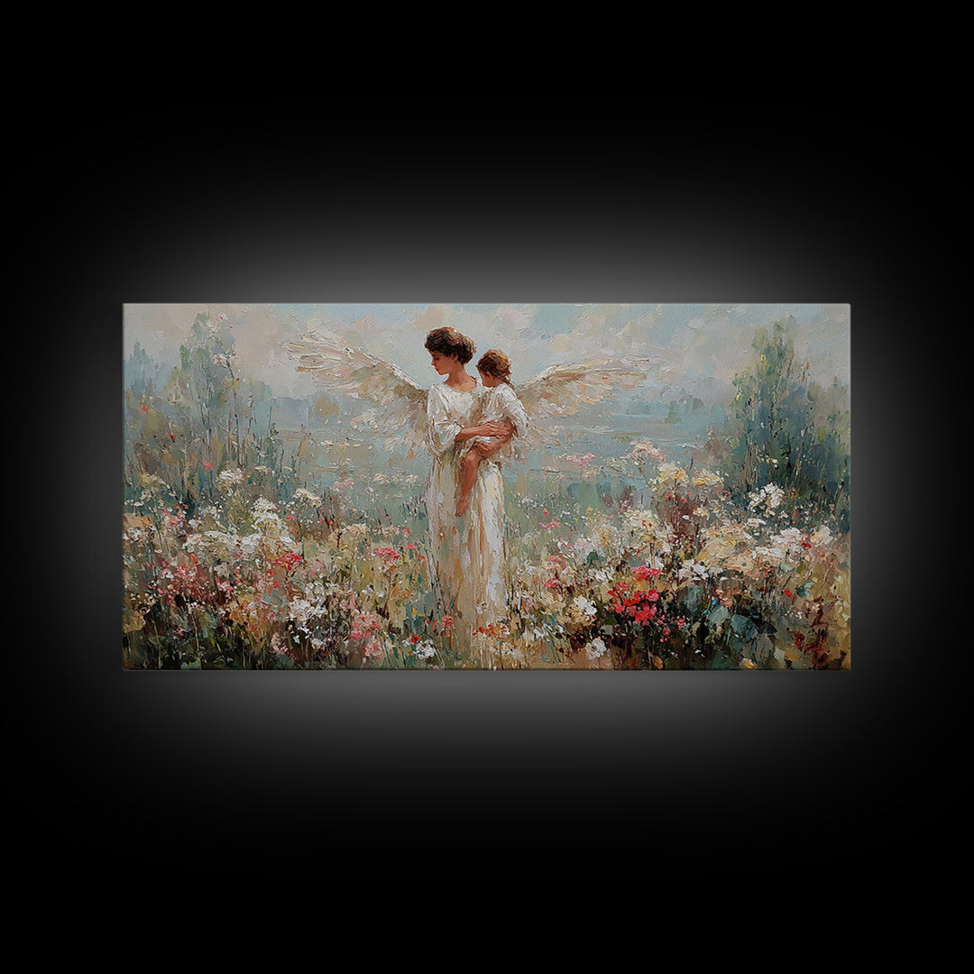 Angel Mother Holding Baby In Blooming Garden Framed Canvas Print, Christian Wall Art, Floral Wall Art, Nursery Decor, Gift For Her