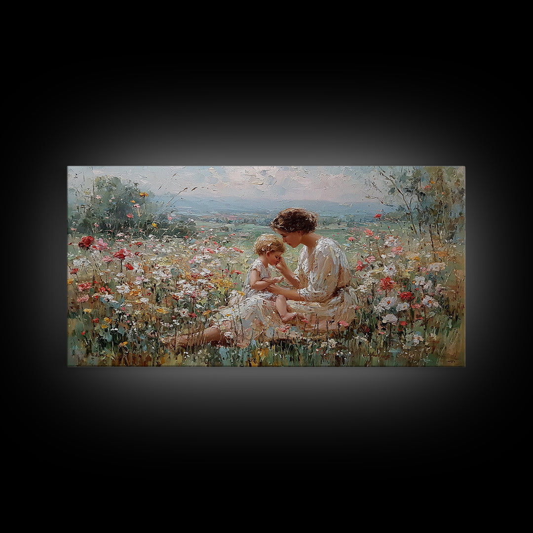Mother And Baby In Flower Meadow Impressionist Canvas Print, Floral Wall Art, Christian Wall Art, Living Room Decor, Gift For Mom