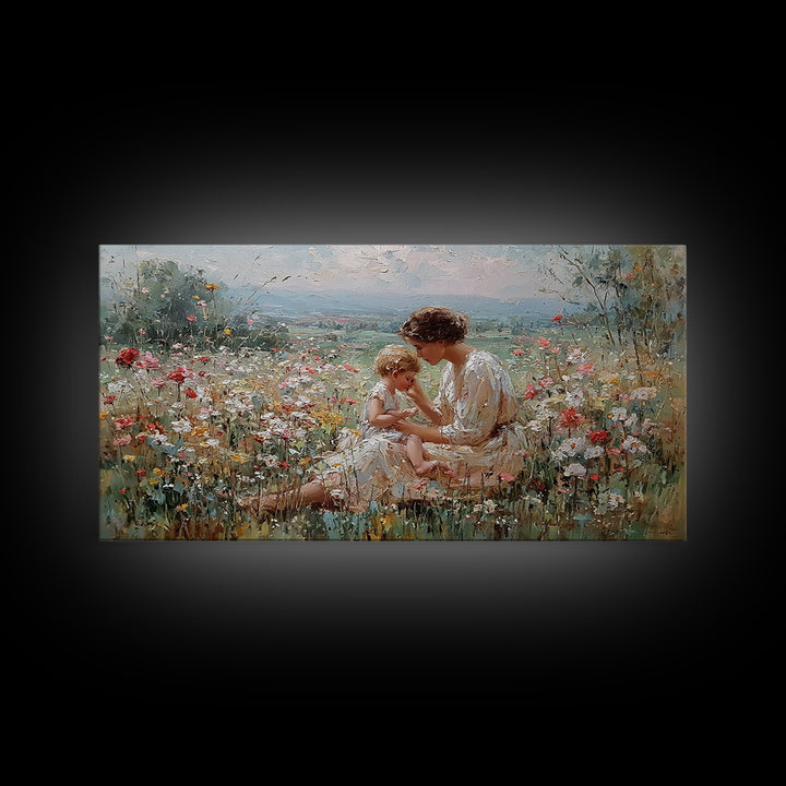 Mother And Baby In Flower Meadow Impressionist Canvas Print, Floral Wall Art, Christian Wall Art, Living Room Decor, Gift For Mom