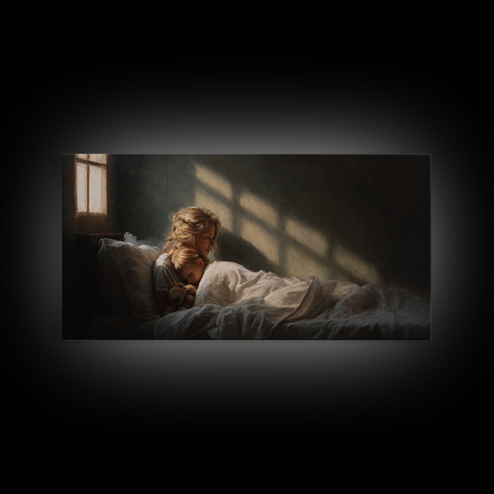 Children Sleeping With Teddy In Sunlit Bedroom Wall Art, Cozy Bedroom Decor, Dark Academia, Nursery Art, Housewarming Gift