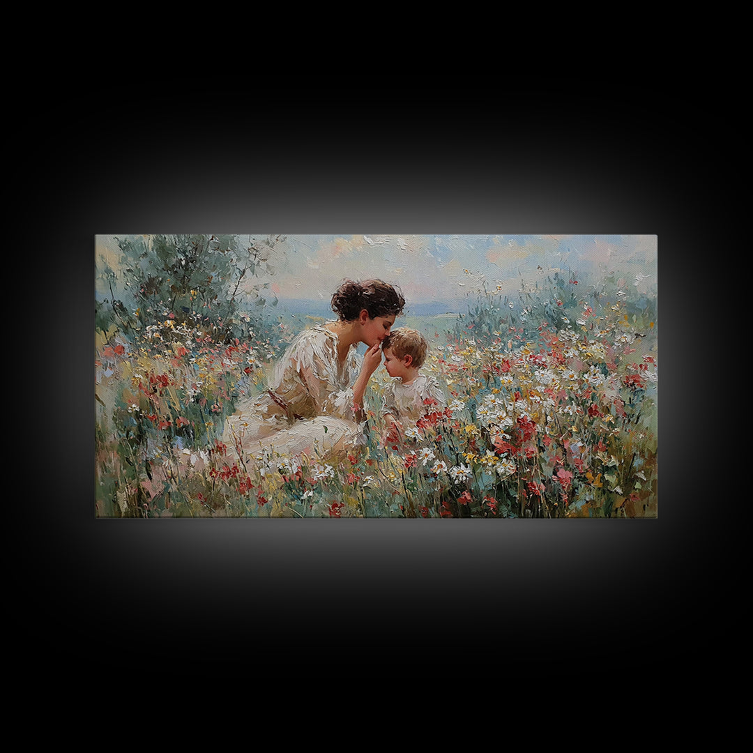 Mother And Child In Wildflower Garden Framed Canvas Print, Floral Wall Art, Christian Wall Art, Living Room Decor, Gift For Her