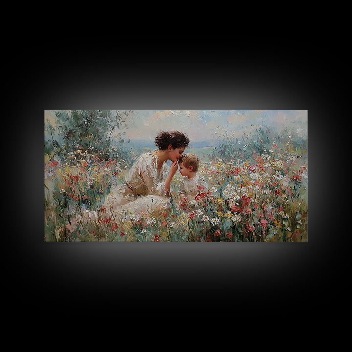 Mother And Child In Wildflower Garden Framed Canvas Print, Floral Wall Art, Christian Wall Art, Living Room Decor, Gift For Her