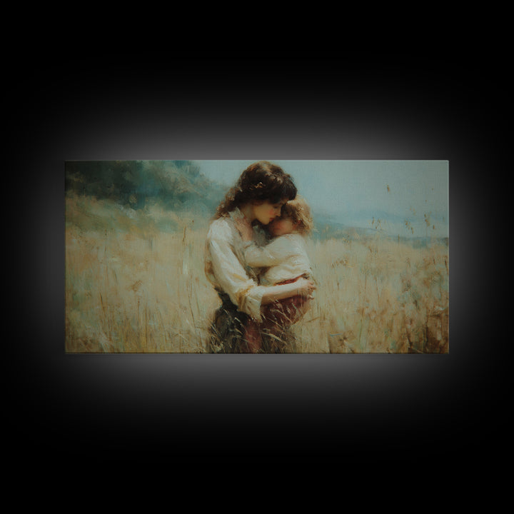 Tender Mother And Child Embrace In Golden Meadow Wall Art, Moody Impressionist Oil Painting, Neutral Bedroom Decor, Gift For Mom