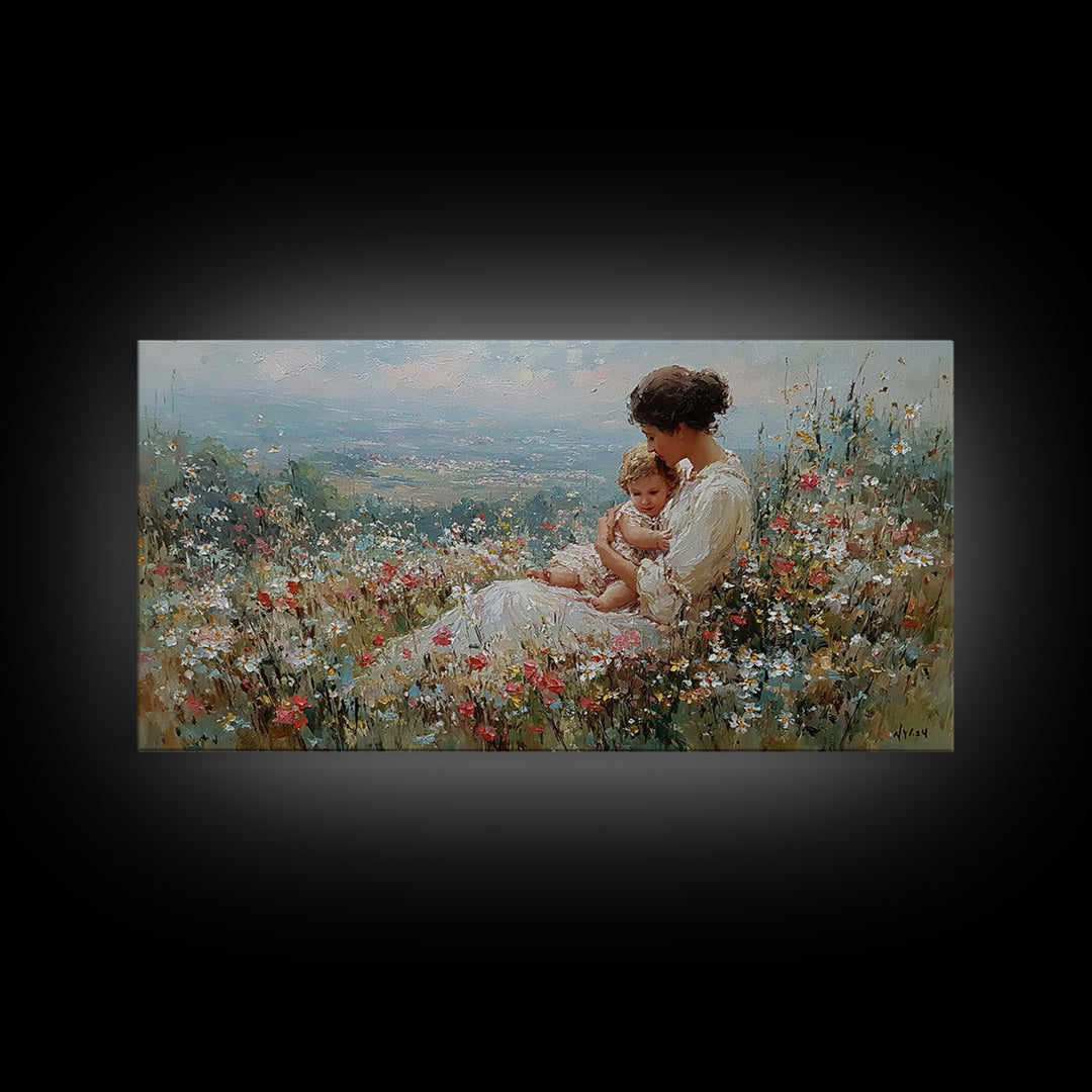 Mother Holding Baby In Wildflower Meadow Canvas Print, Impressionist Floral Landscape, Nursery Wall Art, Housewarming Gift