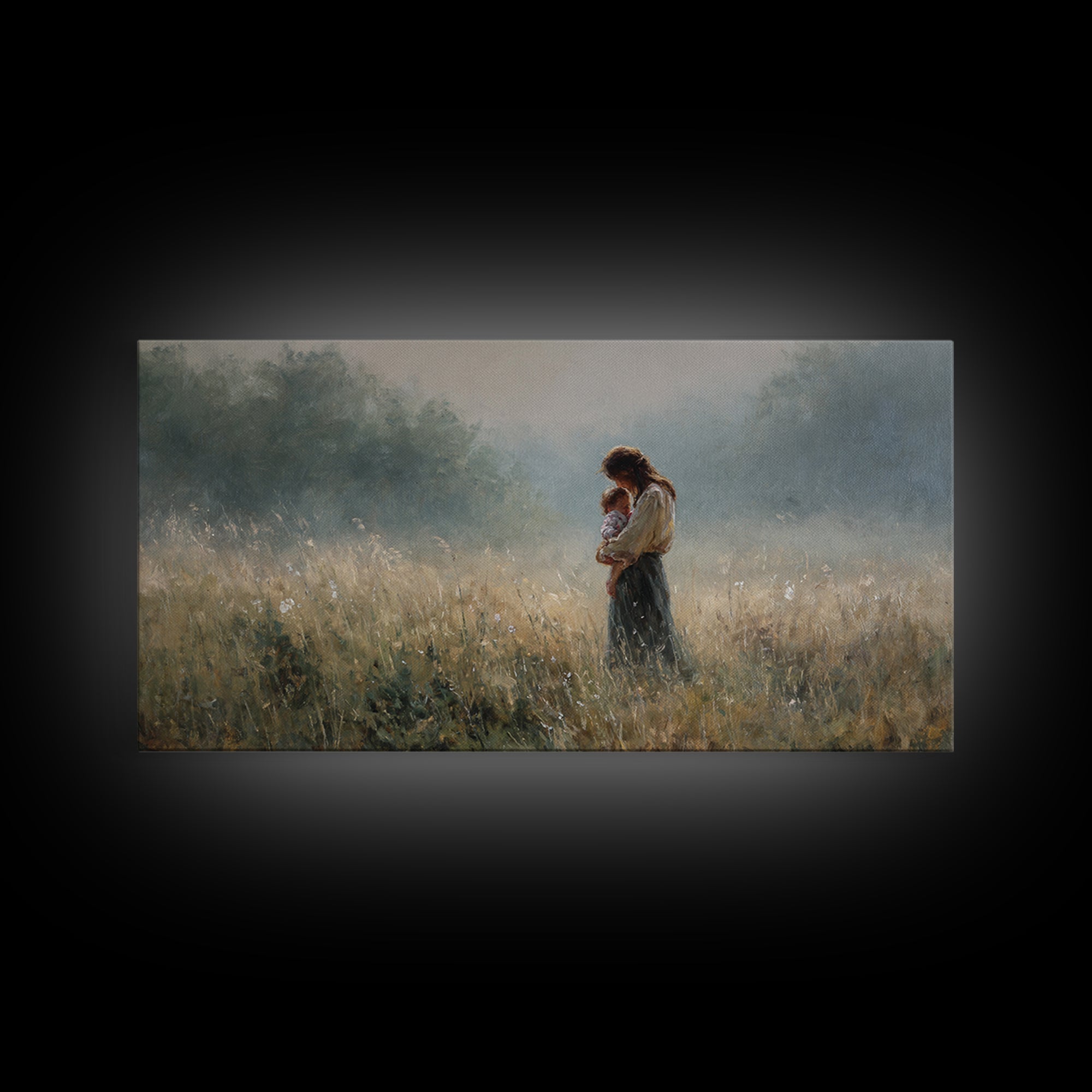 Mother And Child Standing In Misty Meadow Framed Canvas Print, Serene Landscape Painting, Neutral Wall Art, Calming Decor