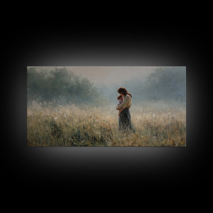 Mother And Child Standing In Misty Meadow Framed Canvas Print, Serene Landscape Painting, Neutral Wall Art, Calming Decor