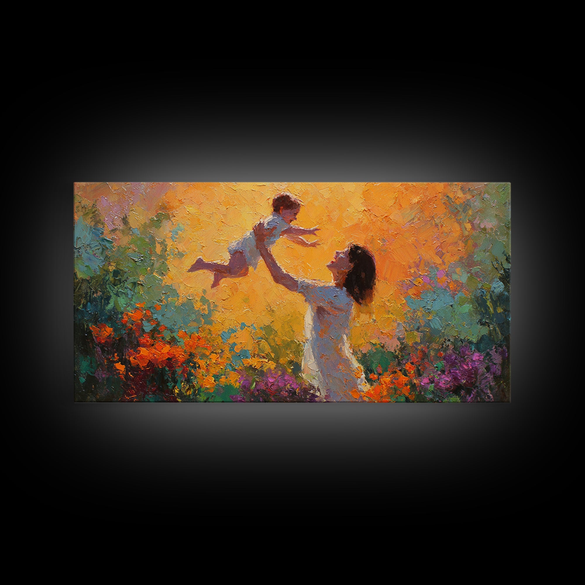 Mother Lifting Child In Glowing Sunset Garden Canvas Print, Colorful Impressionist Painting, Joyful Family Wall Art, Gift For Mom