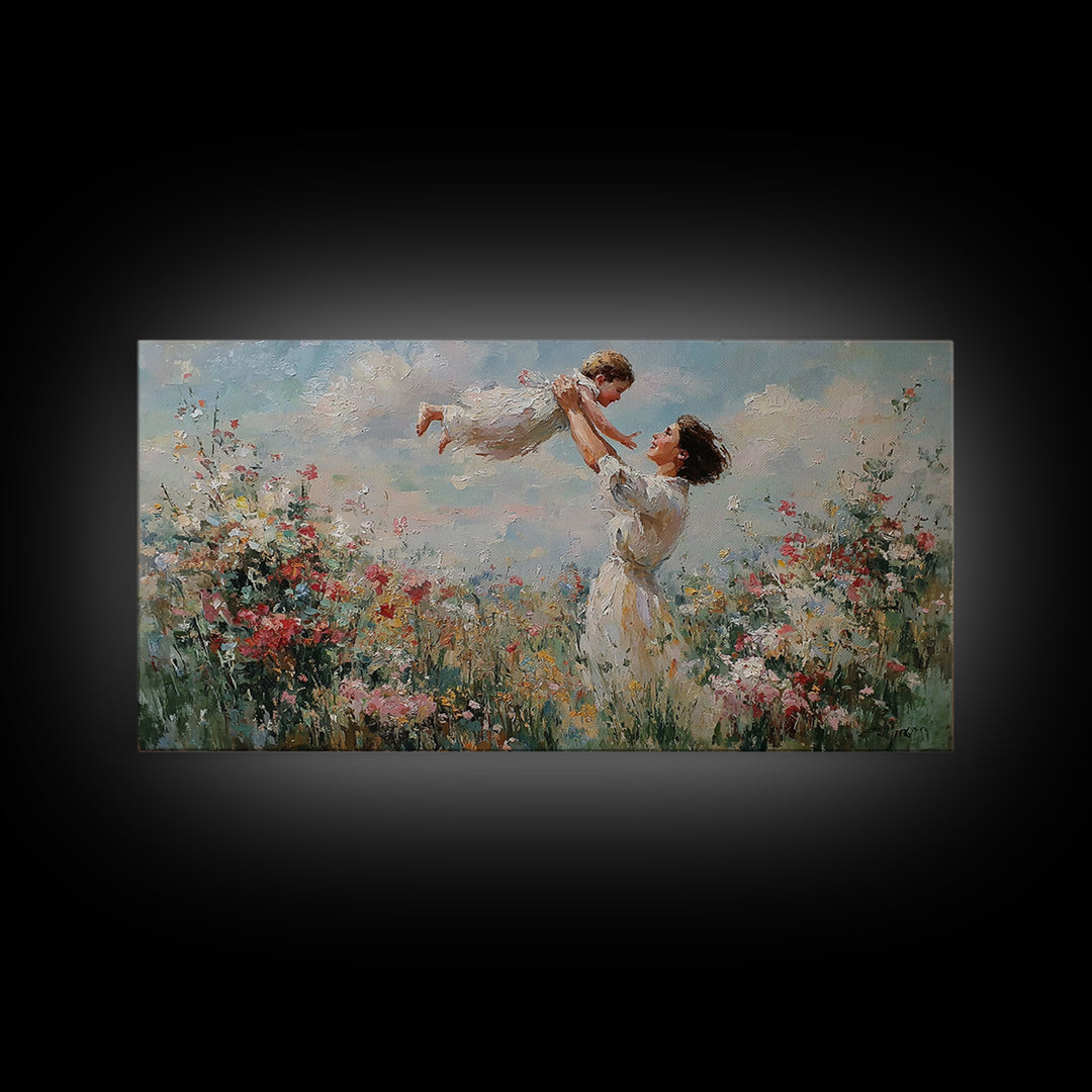 Mother Lifting Daughter Above Wildflower Garden Framed Canvas Print, Impressionist Floral Wall Art, Nursery Decor, Gift For Her