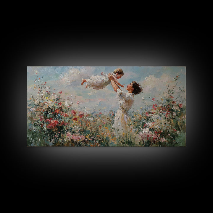Mother Lifting Daughter Above Wildflower Garden Framed Canvas Print, Impressionist Floral Wall Art, Nursery Decor, Gift For Her