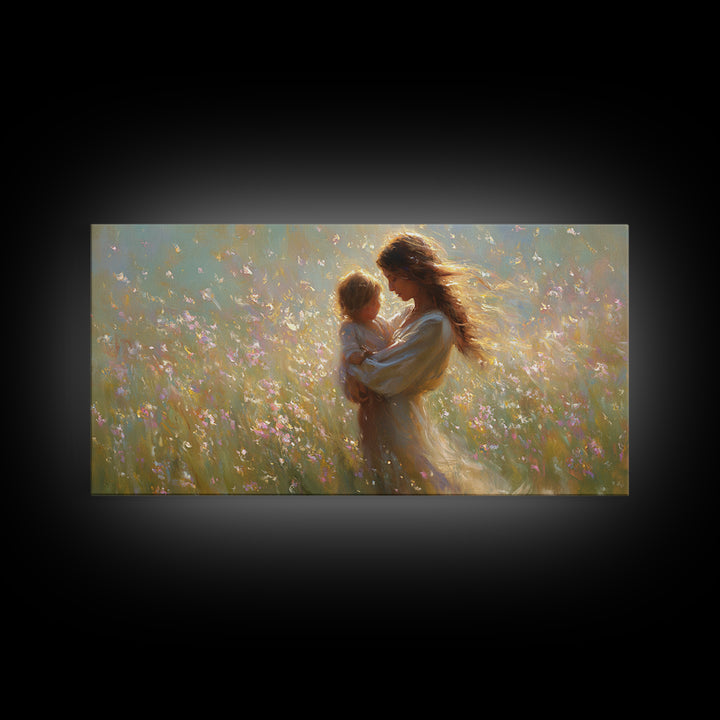 Sunlit Mother And Child In Wildflower Meadow Wall Art, Impressionist Meadow Canvas, Feminine Bedroom Decor, Gift For Mom