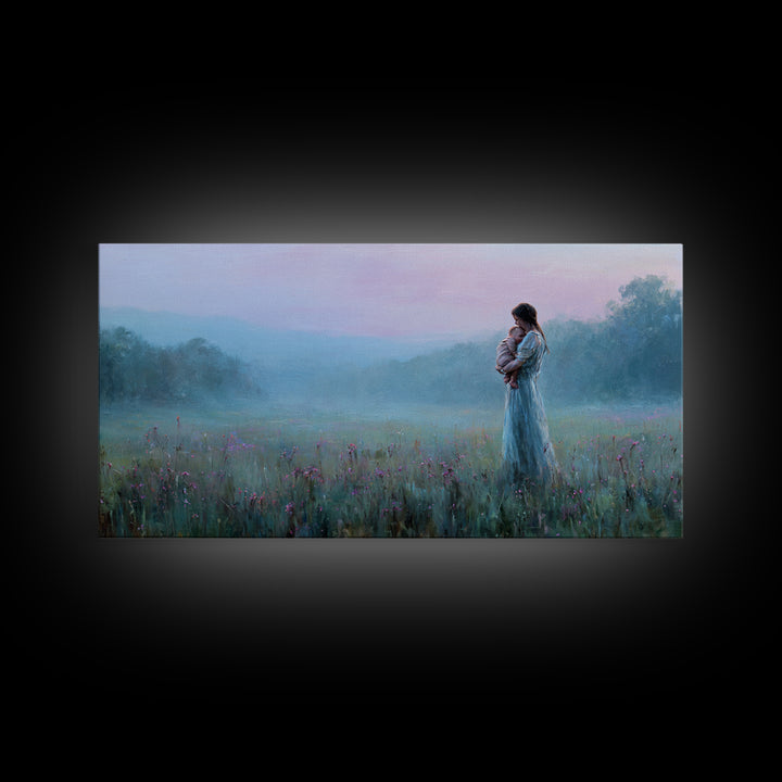 Misty Mother And Baby Meadow Wall Art, Moody Blue Landscape Canvas Print, Calming Bedroom Nursery Decor, Gift For Mom And Her