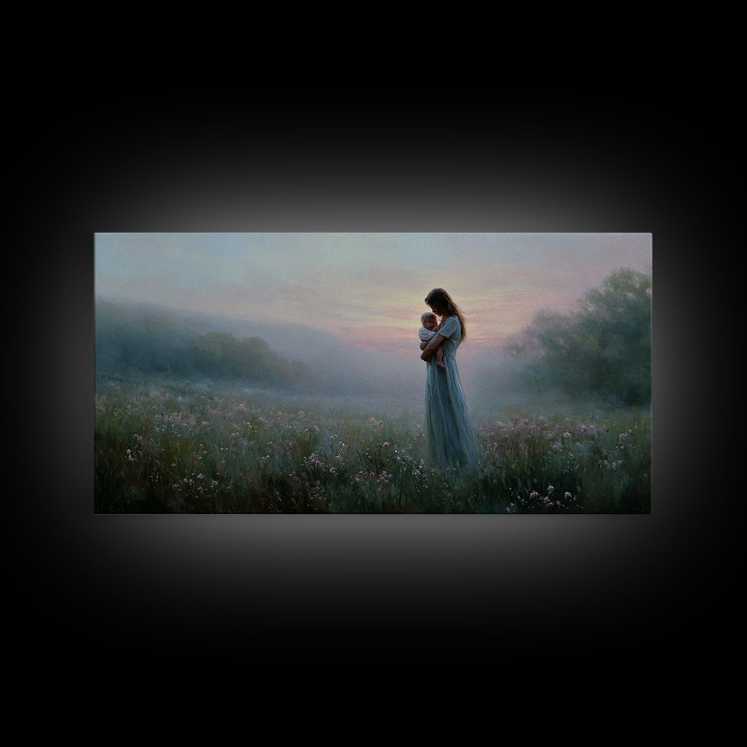 Misty Mother And Baby Meadow Wall Art, Impressionist Wildflower Landscape Print, Serene Nursery Decor, Gift For Mom, Home Decor
