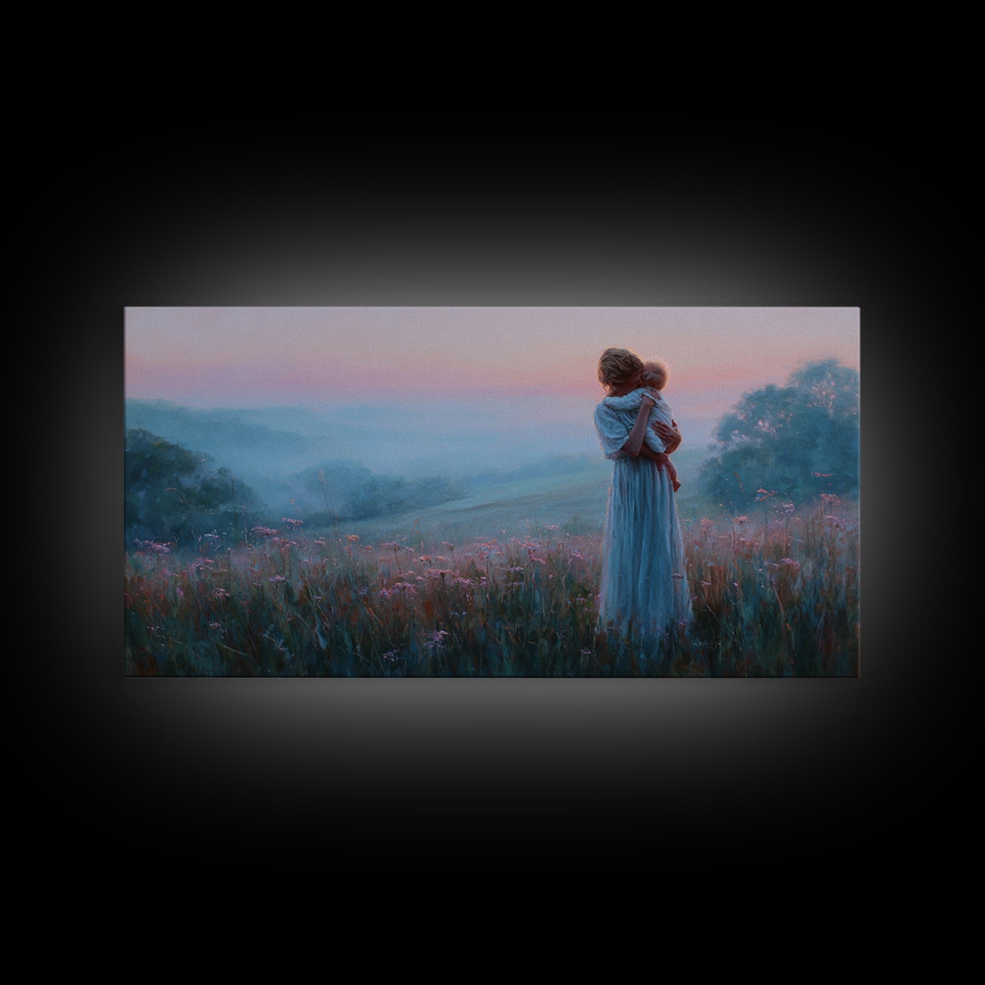 Mother Holding Baby At Pink Dusk Canvas Print, Misty Wildflower Meadow Wall Art, Nursery Decor, Gift For Mom, Serene Bedroom Decor