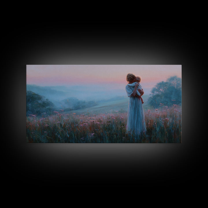 Mother Holding Baby At Pink Dusk Canvas Print, Misty Wildflower Meadow Wall Art, Nursery Decor, Gift For Mom, Serene Bedroom Decor