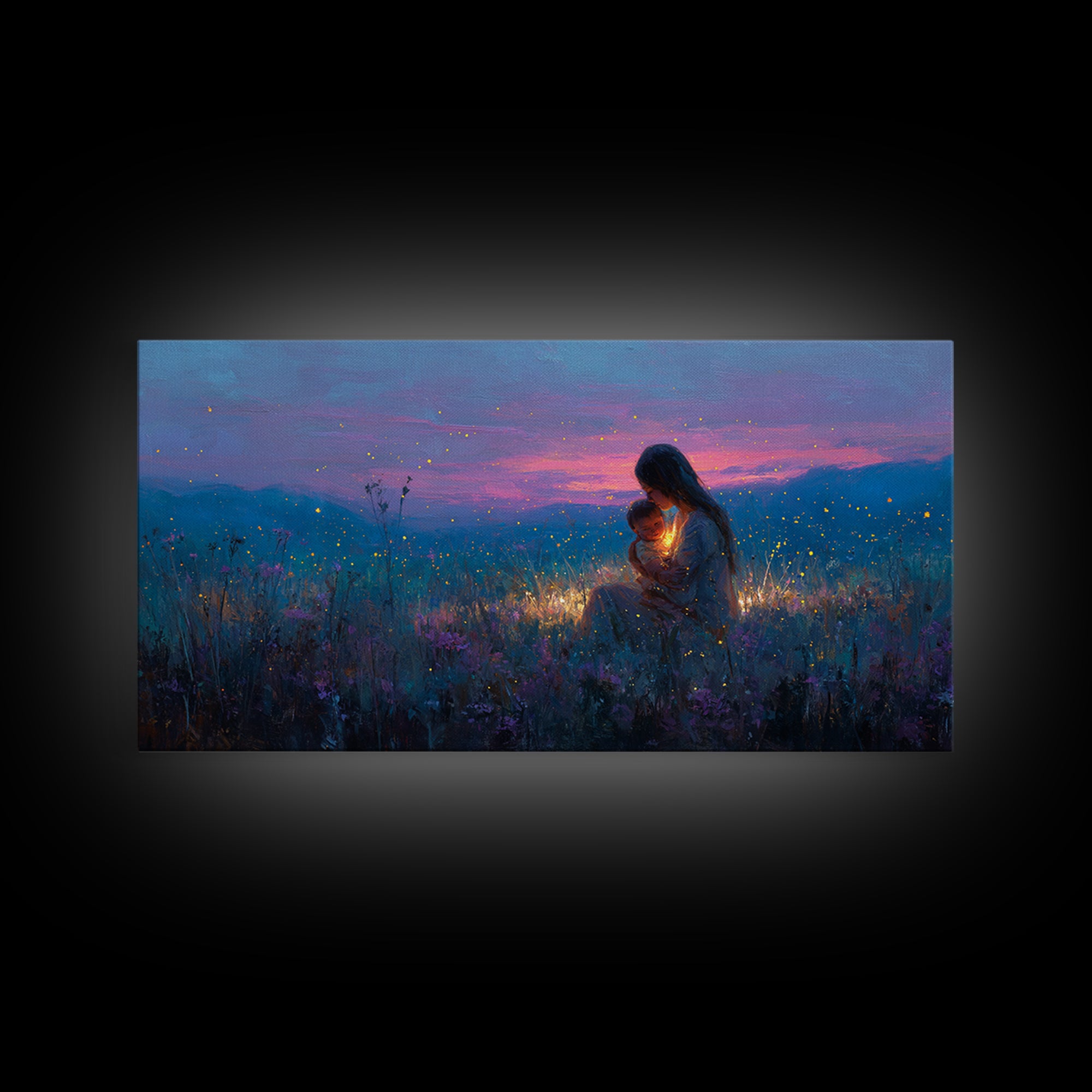 Moonlit Mother And Baby Firefly Wall Art, Celestial Wildflower Meadow Canvas Print, Magical Nursery Decor, Gift For Mom, Home Decor