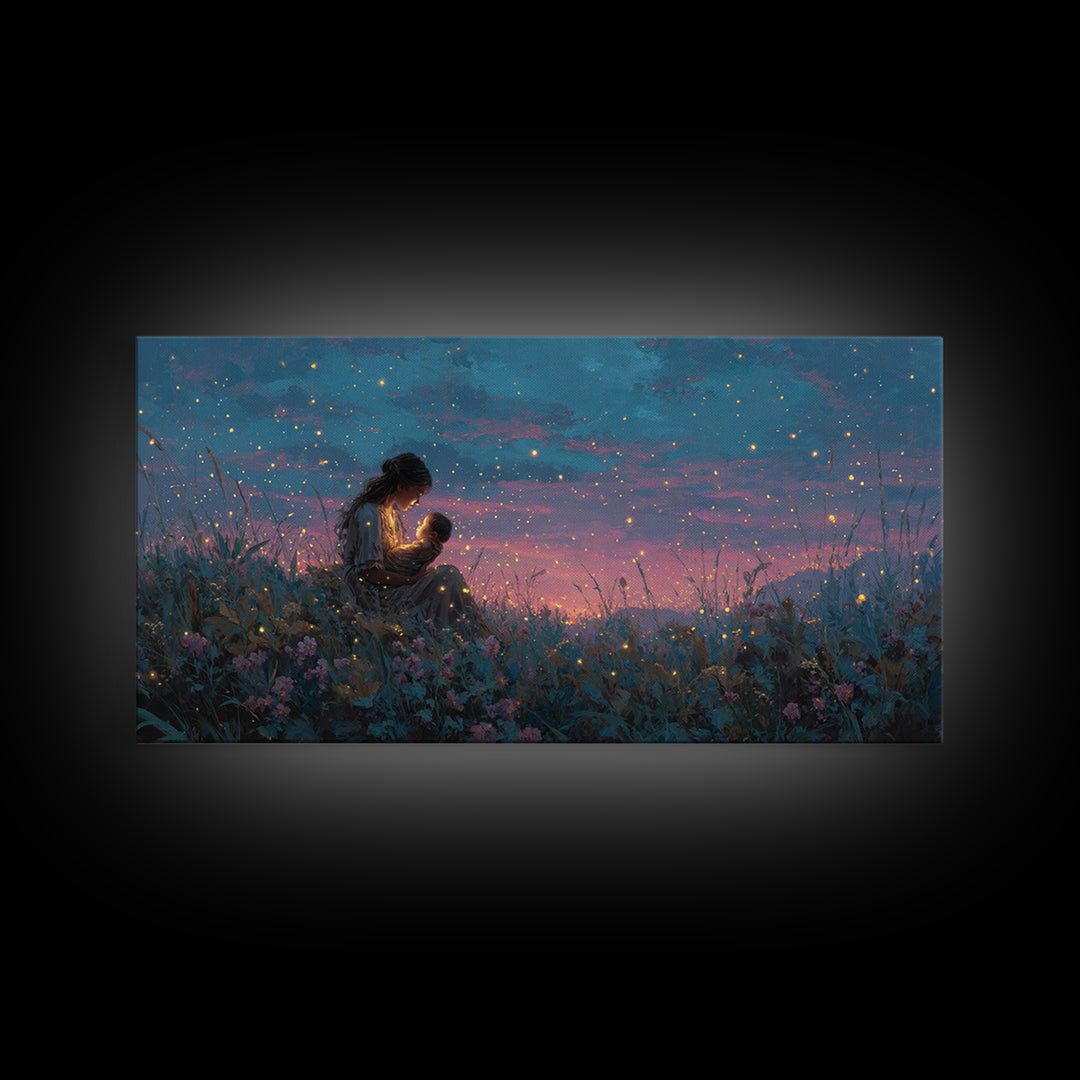 Starlit Mother Nursing Baby Meadow Wall Art, Firefly Night Landscape Canvas Print, Celestial Nursery Decor, Gift For Mom