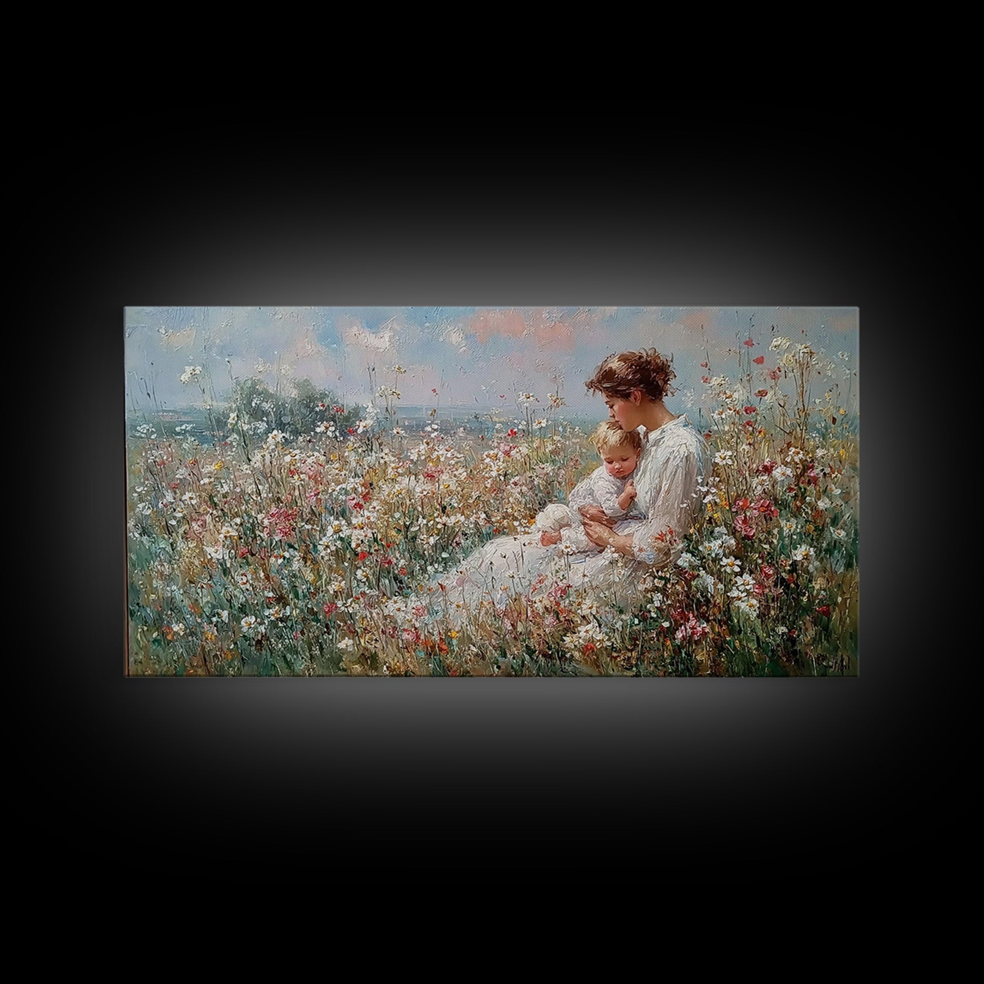 Mother And Baby In Coastal Wildflower Meadow Wall Art, Impressionist Framed Canvas Print, Nursery Decor, Gift For Mom, Home Decor