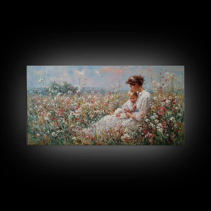 Mother And Baby In Coastal Wildflower Meadow Wall Art, Impressionist Framed Canvas Print, Nursery Decor, Gift For Mom, Home Decor