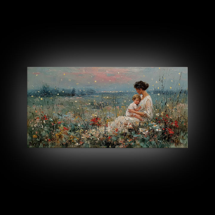 Golden Firefly Mother And Baby Meadow Canvas Print, Serene Lakeside Wall Art, Impressionist Nursery Decor, Gift For Mom, Home Decor