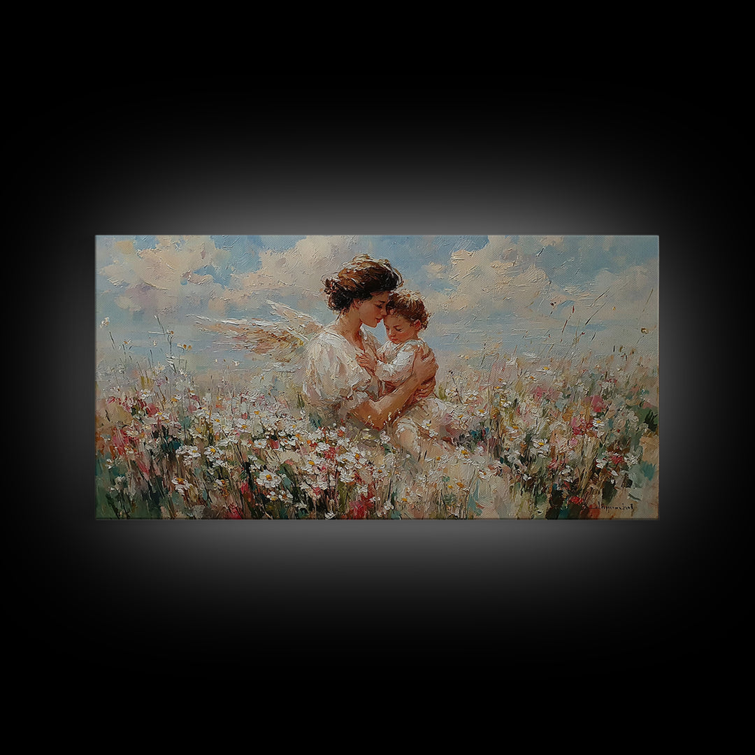 Mother Embracing Child In Daisy Meadow Framed Canvas Print, Impressionist Floral Wall Art, Nursery Decor, Gift For Mom, Home Decor