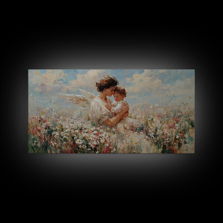Mother Embracing Child In Daisy Meadow Framed Canvas Print, Impressionist Floral Wall Art, Nursery Decor, Gift For Mom, Home Decor