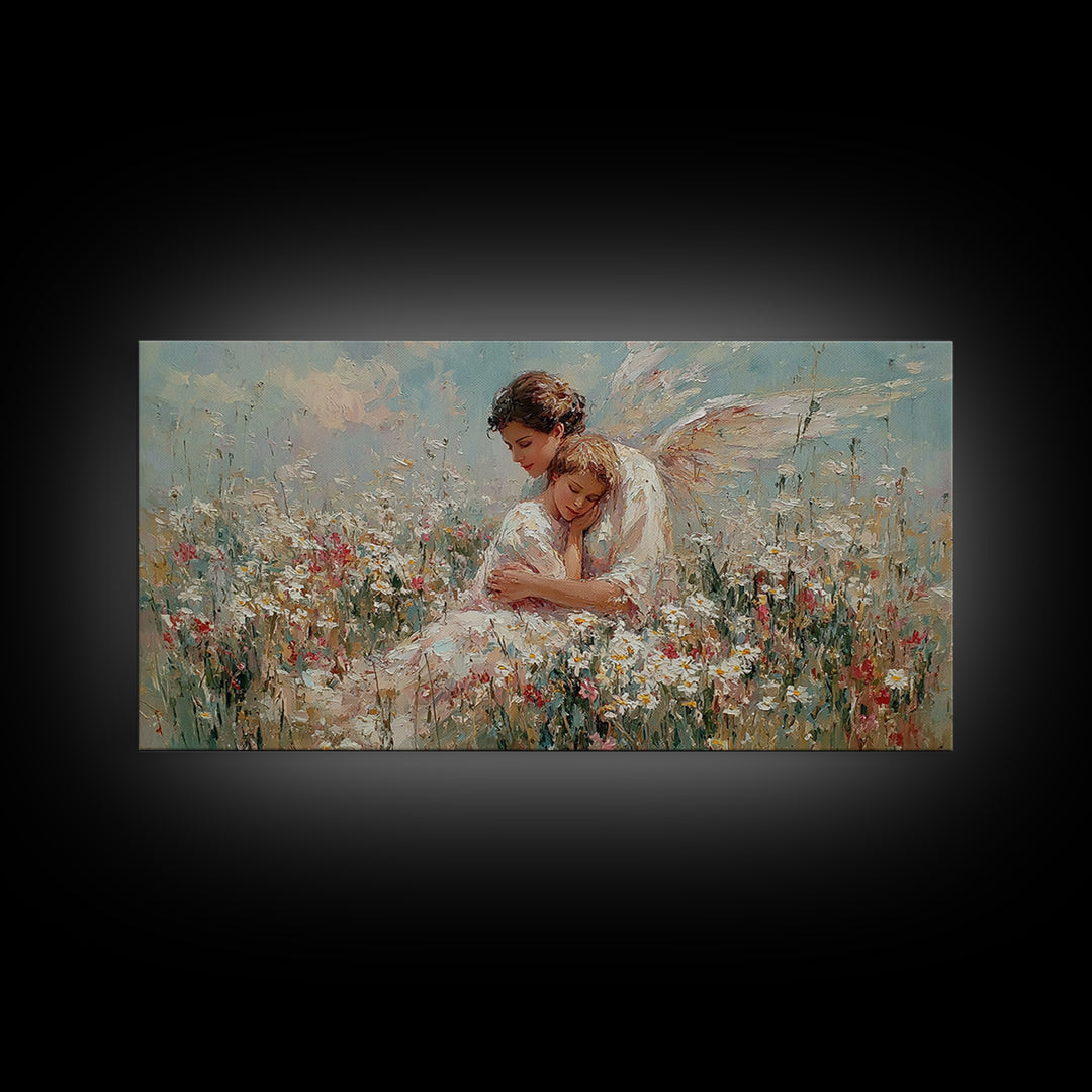 Guardian Angel And Child In Wildflower Meadow Framed Canvas Print, Christian Nursery Wall Art, Motherhood Gift Home Decor