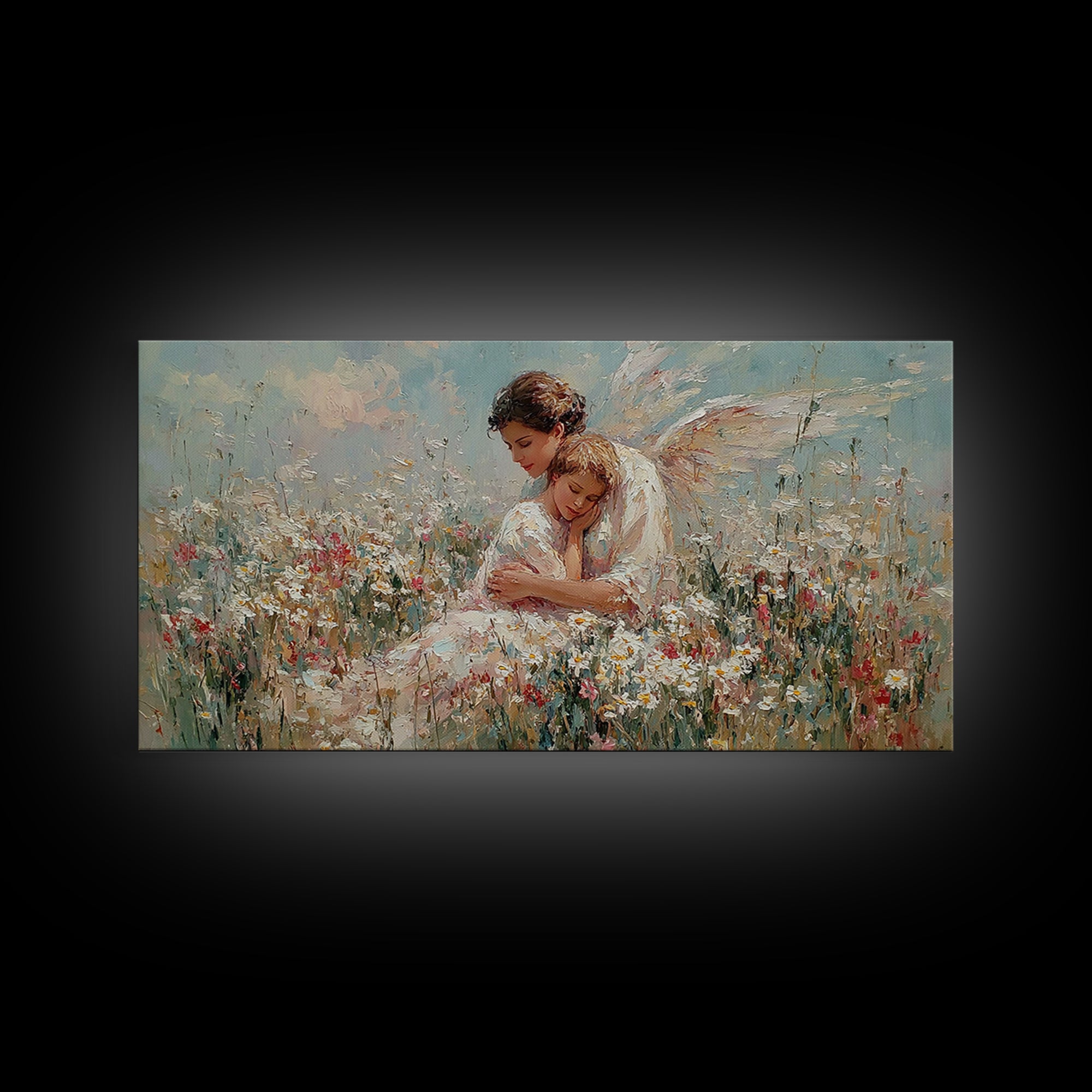 Guardian Angel And Child In Wildflower Meadow Framed Canvas Print, Christian Nursery Wall Art, Motherhood Gift Home Decor